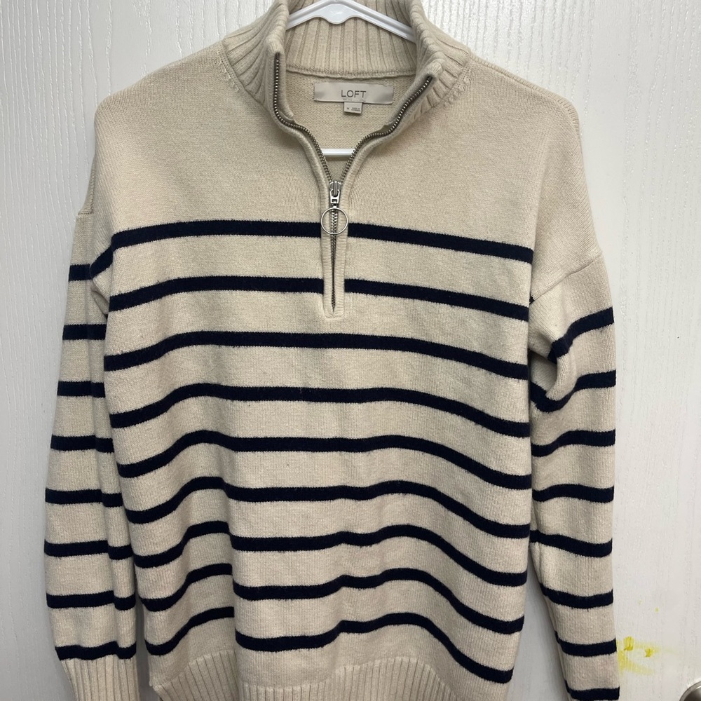 LOFT women’s Beige and Black Striped Zip-Up Sweater